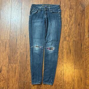 Blue Asphalt Distressed Patchwork Skinny Jeans With Patterned Knee Patches 7L